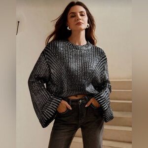Cropped Metallic Knit Sweater - Black/Silver